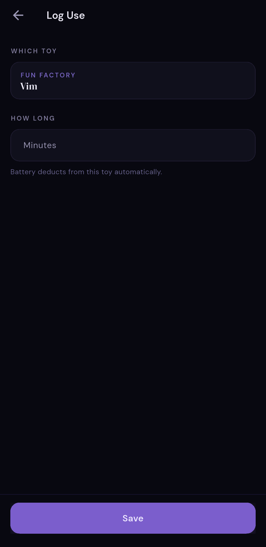 Log Use screen — pick toy, enter minutes, save. Battery deducts automatically.