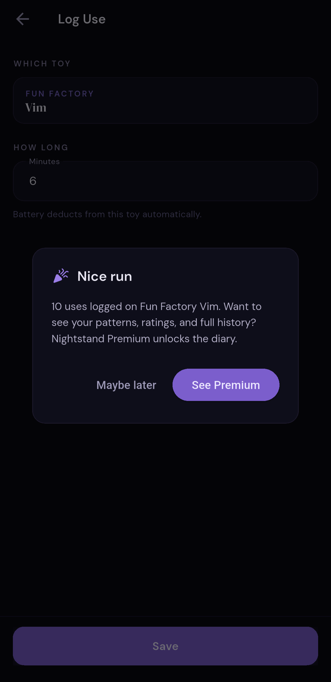Celebratory dialog after 10 logged uses on a single toy — Premium feels earned, not pushed