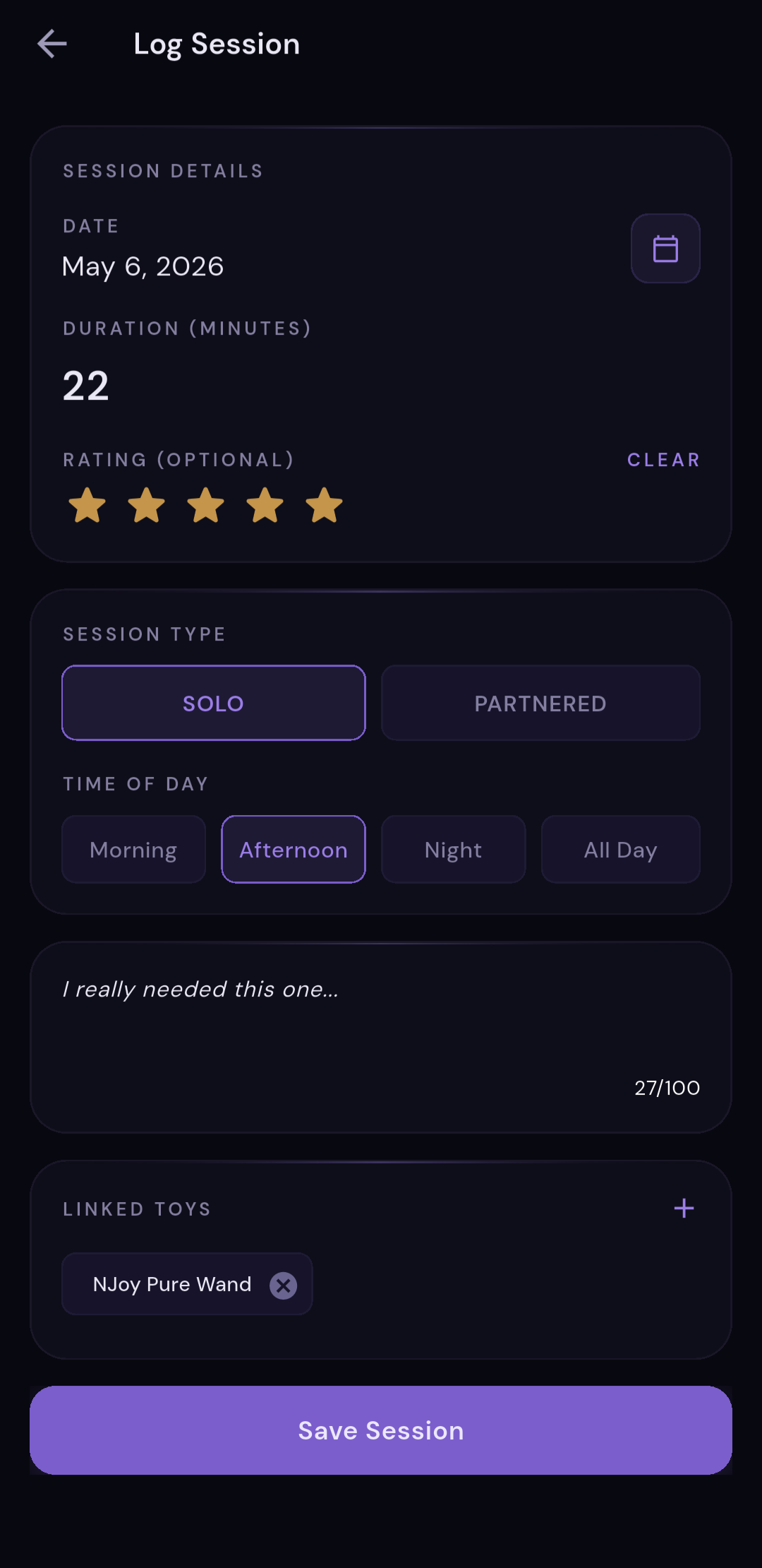 Log Session form with date, duration, rating stars, solo/partnered toggle, time of day and notes